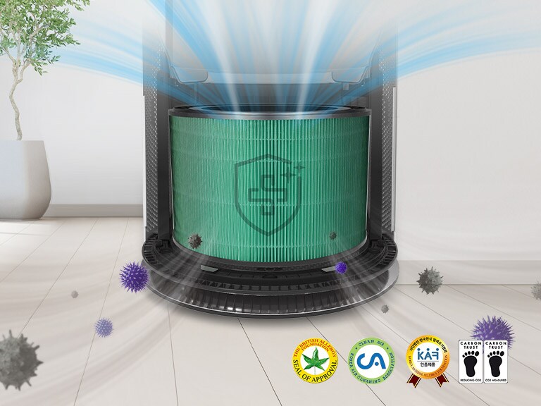 The purifier is shown with half of it showing the deodorization filter while the other half shows the safe plus filter of the machine.