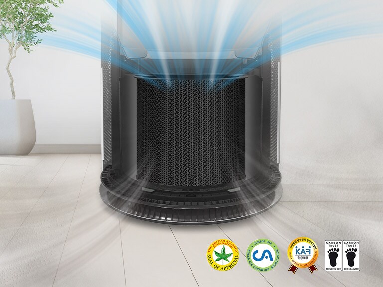 The purifier is shown with half of it showing the deodorization filter while the other half shows the safe plus filter of the machine.