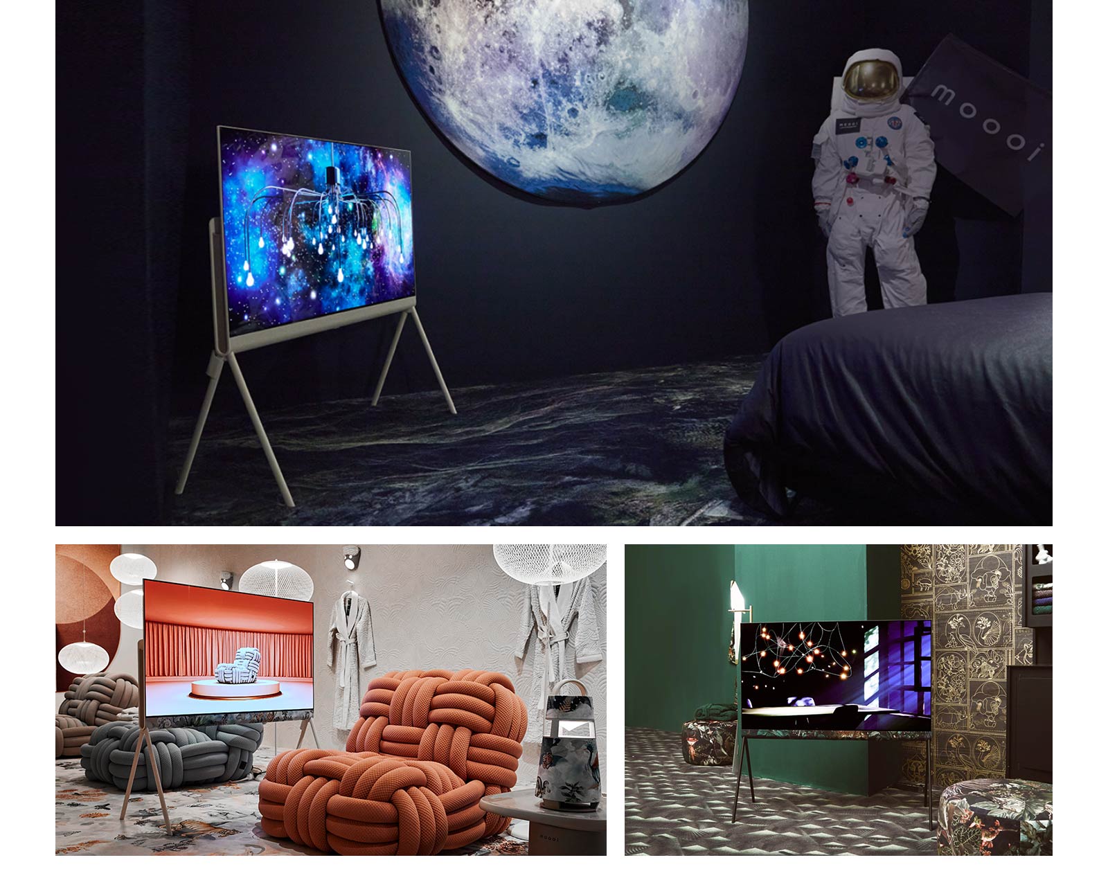 The top image shows Posé in a black space-themed room with an abstract intergalactic artwork on display. The room also has a picture of a moon and an astronaut. 	  The bottom right image shows Posé in an opulent emerald green room. The TV shows light casting over a table through windowpanes on the screen. The room also features black and gold ornate tiles and black floral patterned textile stools. The bottom left image shows Posé in a cream room with hints of colors. The room has terracotta and charcoal-colored chunky woven sofa chairs, white ball-shaped light fixtures, and bathing robes hanging on the wall. The TV shows an image of the same charcoal sofa chair on a platform in a terracotta-colored room.