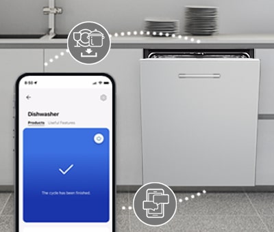 Kitchen interior with partially open built-in dishwasher and LG ThinQ? app showing cycle complete notification.