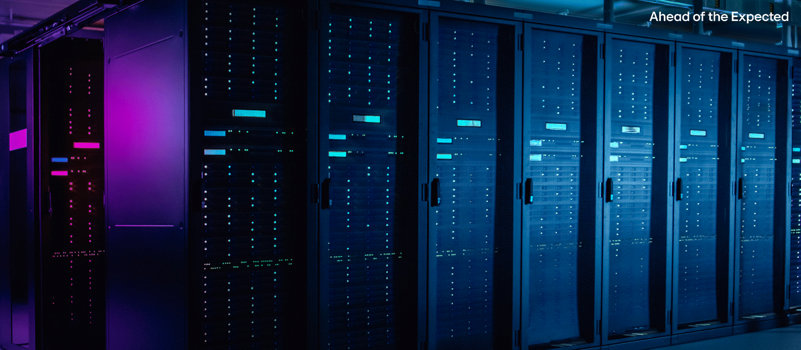 High-performance data center with illuminated server racks, advanced IT infrastructure.