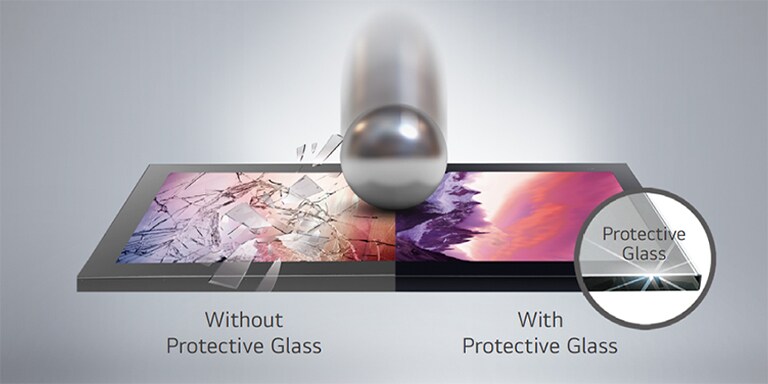 When a strong impact hits the front glass from the outside, the display without protective glass breaks, but the XE3P minimizes the damage with protective glass.