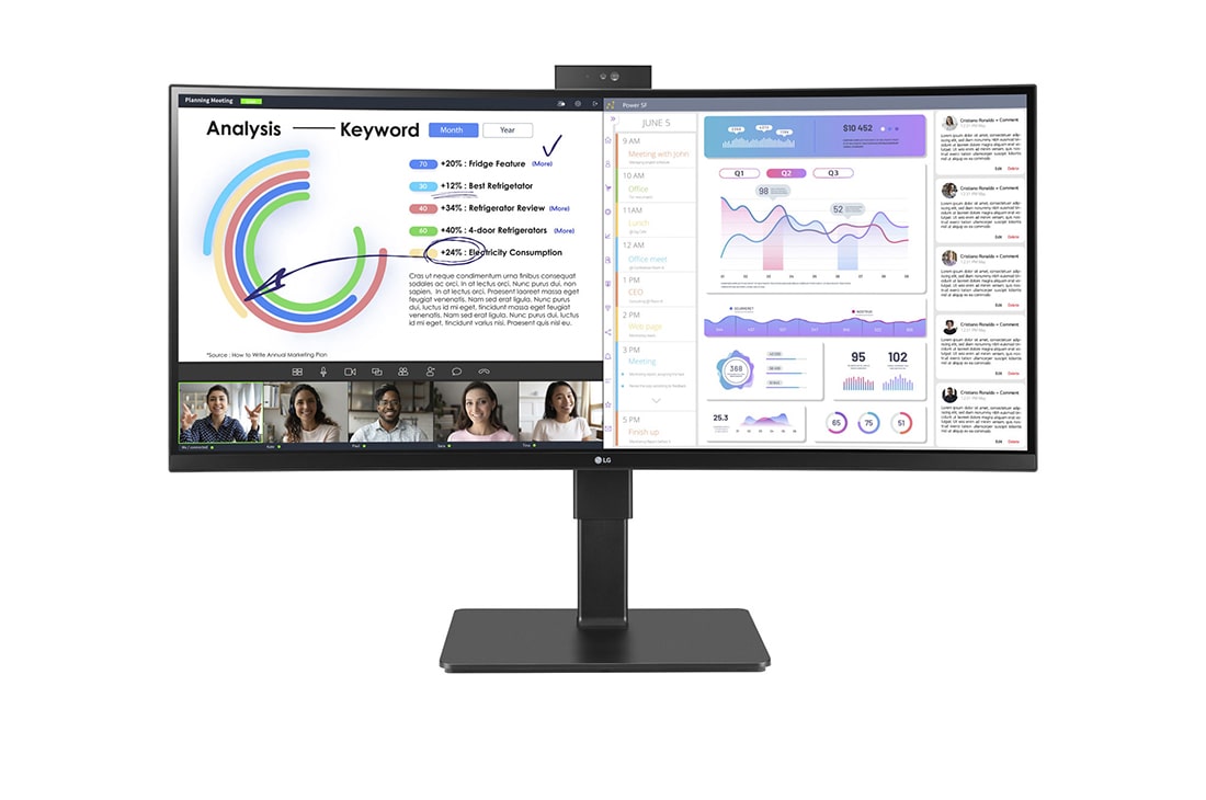 LG 34'' UltraWide? WQHD (3440x1440) IPS Monitor,built-in Webcam & Mic, 2024, front view with push-pull Full HD webcam, 34BQ77QC-B
