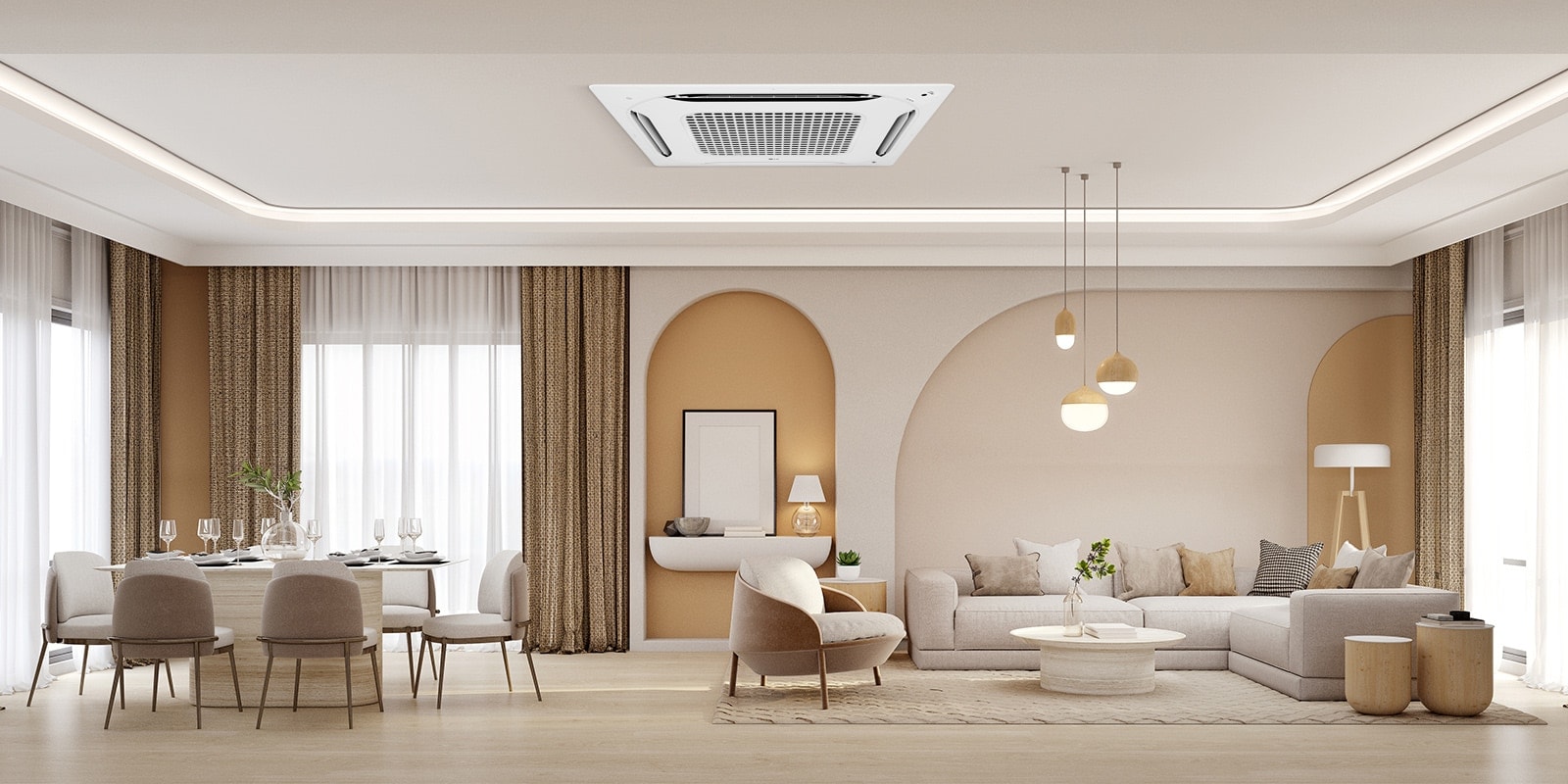 The LG ceiling-mounted cassette disperses cool air in multiple directions, evenly cooling the space. The setting appears to be a modern café or restaurant, with indoor plants and warm lighting.