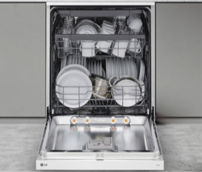 Displays the spacious design of the LG built-in Dishwasher, accommodating a variety of dishes