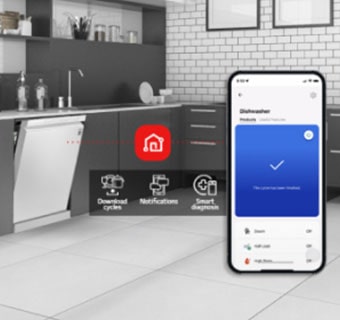 Kitchen interior with partially open free-standing dishwasher and LG ThinQ? app showing cycle complete notification.