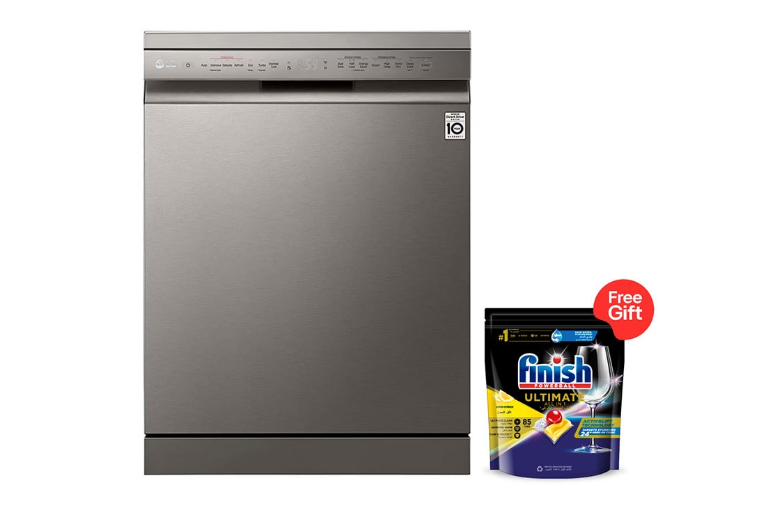 LG New QuadWash Steam Dishwasher, Inverter Direct Drive, Easy Rack plus, Platinum Silver Color, Front view, DFC435FP