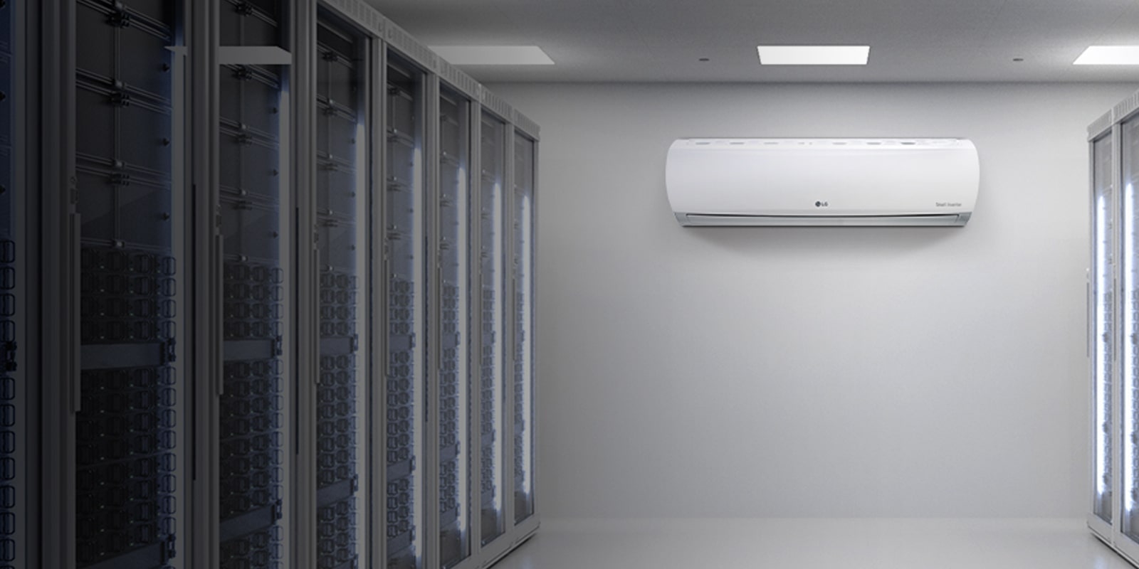 LG Wall Mounted unit placed in the center of a room that resembles a server room, with two racks situated on each side of the room, left and right.
