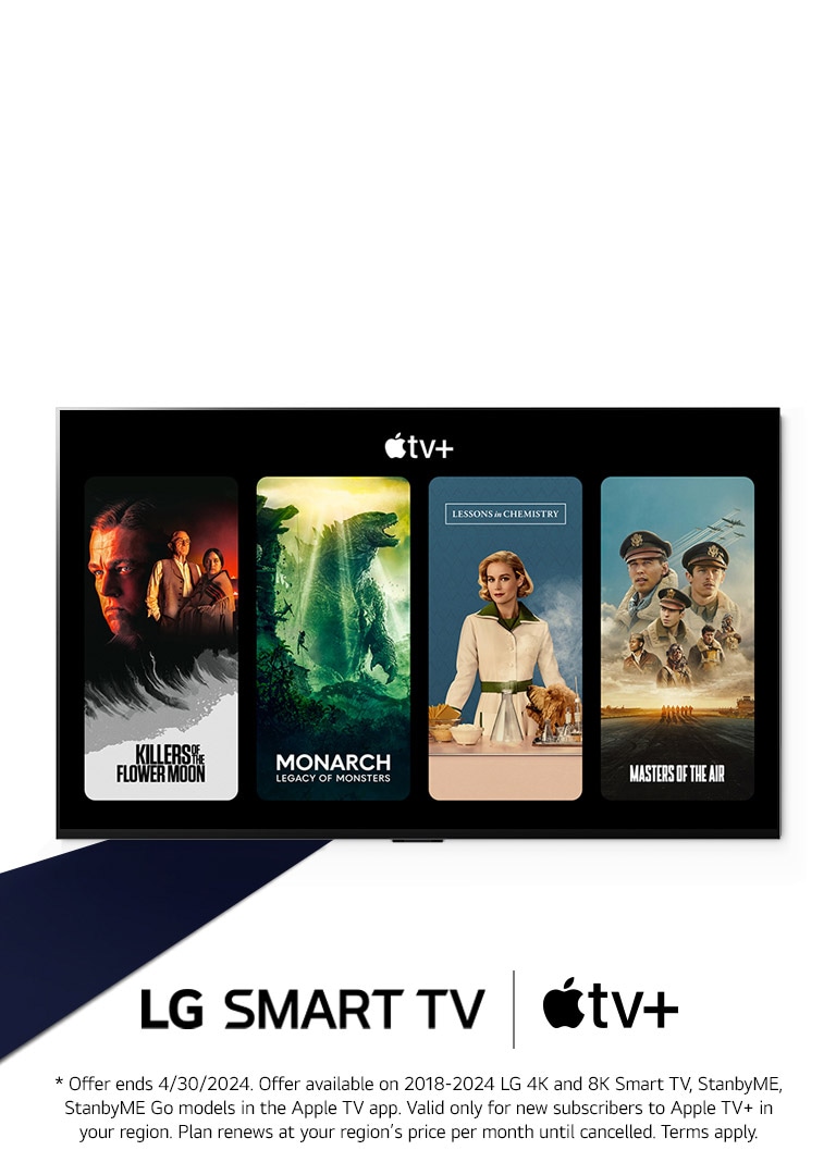 At the bottom of the body copy is the LG Smart TV and Apple TV+ logo, and within the TV frame, Apple TV+ content is shown in the order of Hijack, Foundation, Invasion, and The morning show.