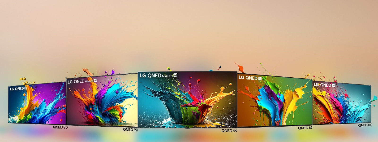 LG QNED 80, QNED 90, QNED 99, QNED 89, and QNED 85 TV standing side by side in an angled line with QNED 99 TV facing forward and the others at a 45 degree angle. Colorful droplets and waves of paint explode out of each screen, and light radiates, casting colorful shadows below.