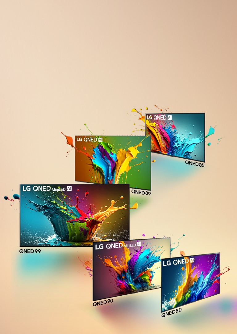 LG QNED 80, QNED 90, QNED 99, QNED 89, and QNED 85 TV standing side by side in an angled line with QNED 99 TV facing forward and the others at a 45 degree angle. Colorful droplets and waves of paint explode out of each screen, and light radiates, casting colorful shadows below.