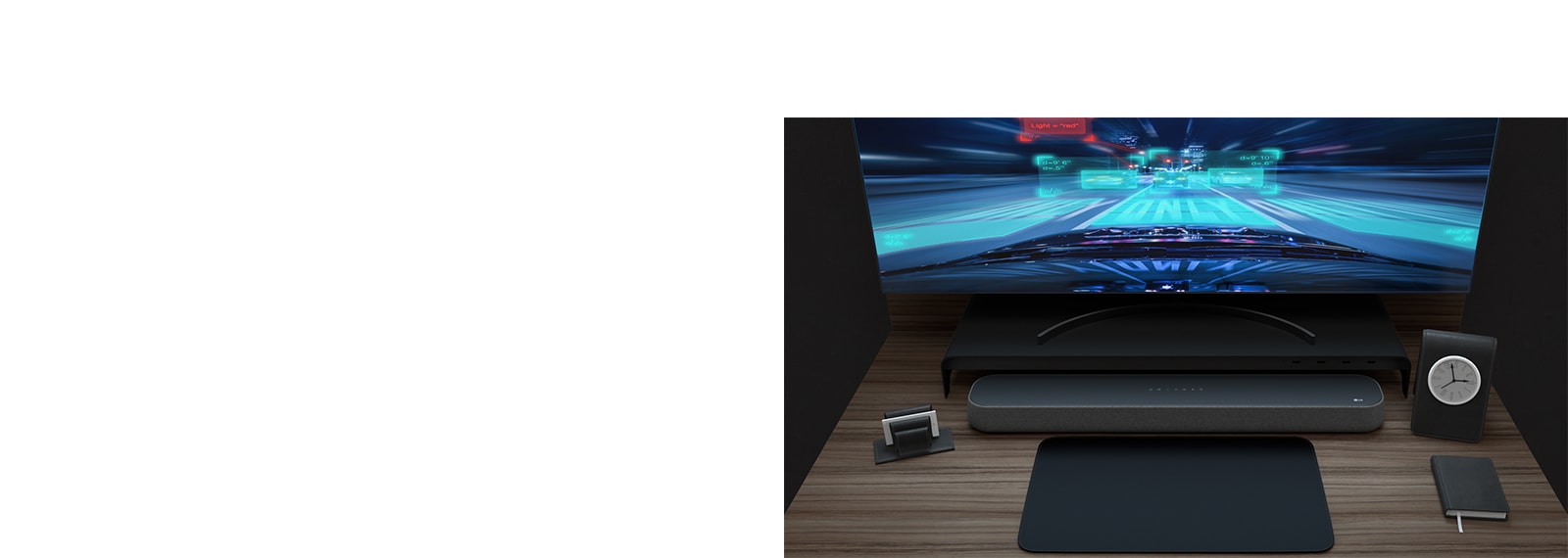 A Soundbar , a curved monitor, a note, a small clock are placed on a wooden desk. A racing game is being played on the monitor to describe its game friendly features.