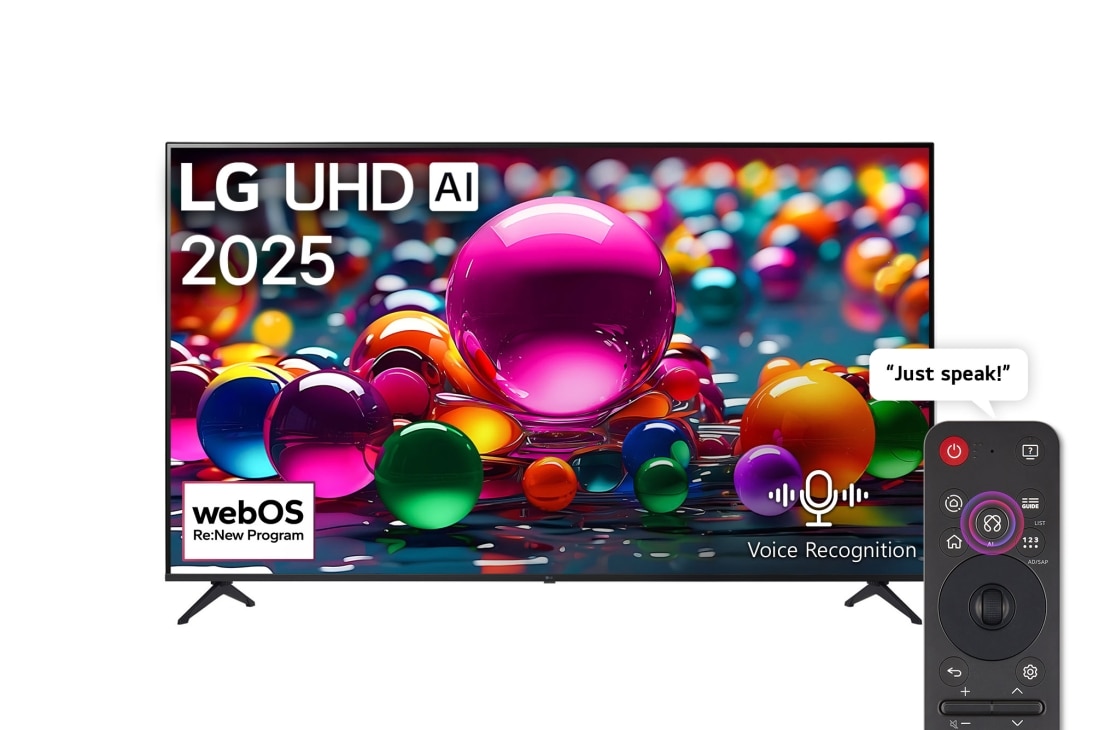 LG 55 inch LG UHD AI UA84 4K Smart TV AI Magic Remote Ready HDR10 webOS25 2025, Front view of UHD UA75 TV, LG UHD Al Logo on the top corner. LG UHD TV depicts colorful paintike textures coming together., 55UA8450PSA