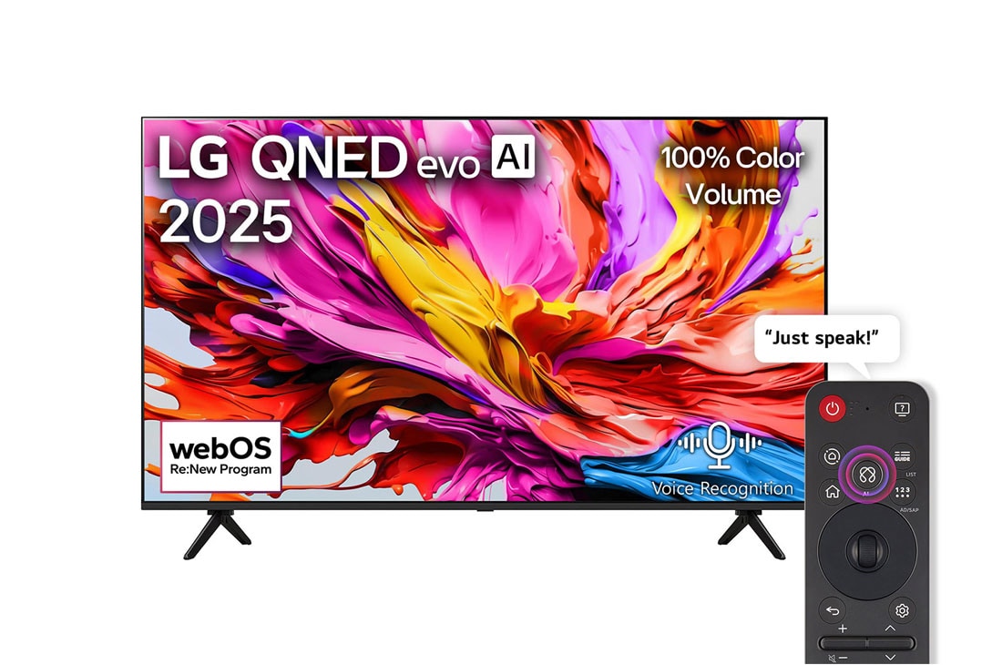 LG 85 inch LG QNED evo AI QNED91 4K 120Hz Smart TV AI Magic remote webOS25 2025 , Front view of LG QNED evo qned91 TV, LG QNED evo Al Logo on the top corner. LG QNED evo qned91 TV TV depicts colorful paintike textures coming together., 85QNED91A6A