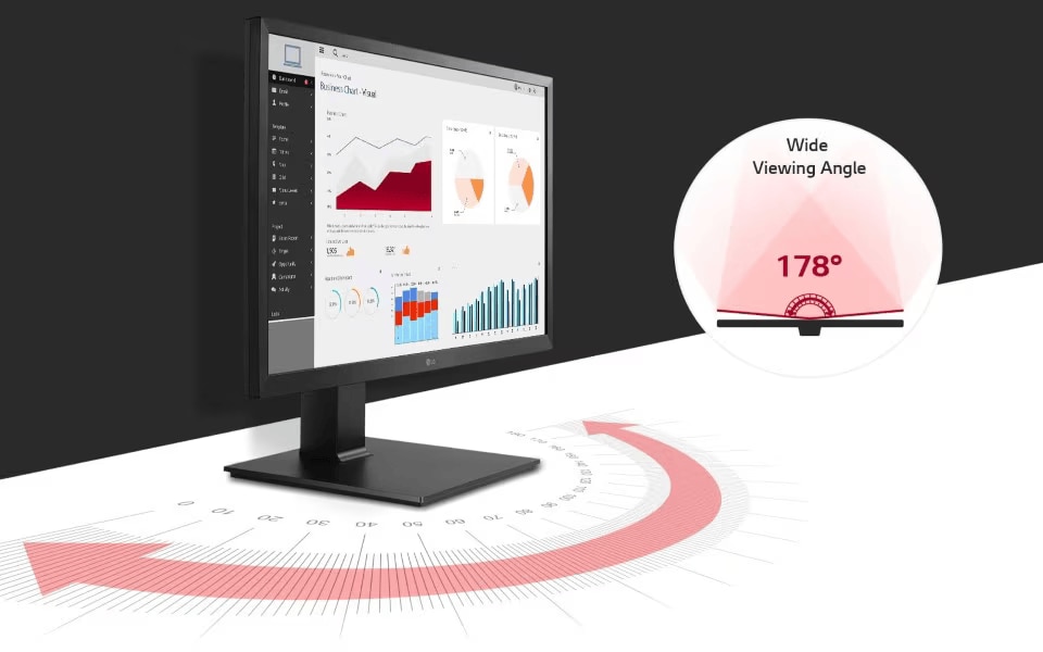 LG monitor displaying business charts with 178° wide viewing angle, ideal for productivity and clear visuals from any side.