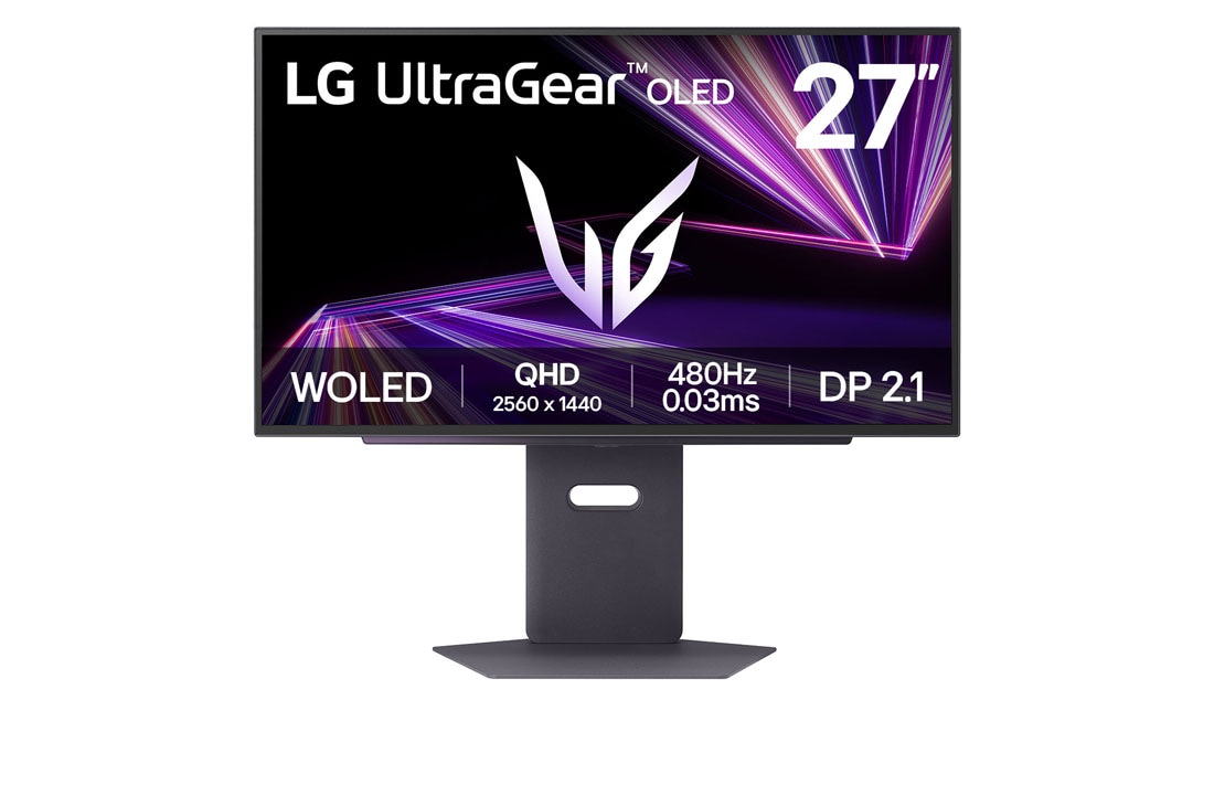LG ???? ??????? LG UltraGear? OLED ???? 27 ???? ???? QHD ????? ????? 480Hz ?(GtG) 0.03ms ?DP 2.1, front view, 27GX790A-B