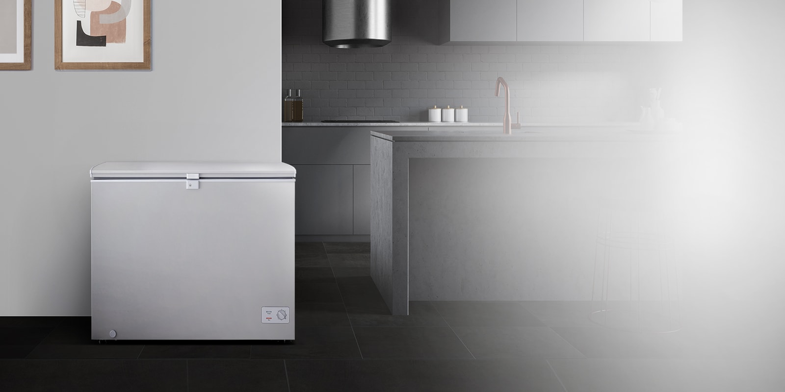 There is a refrigerator in the modern interior