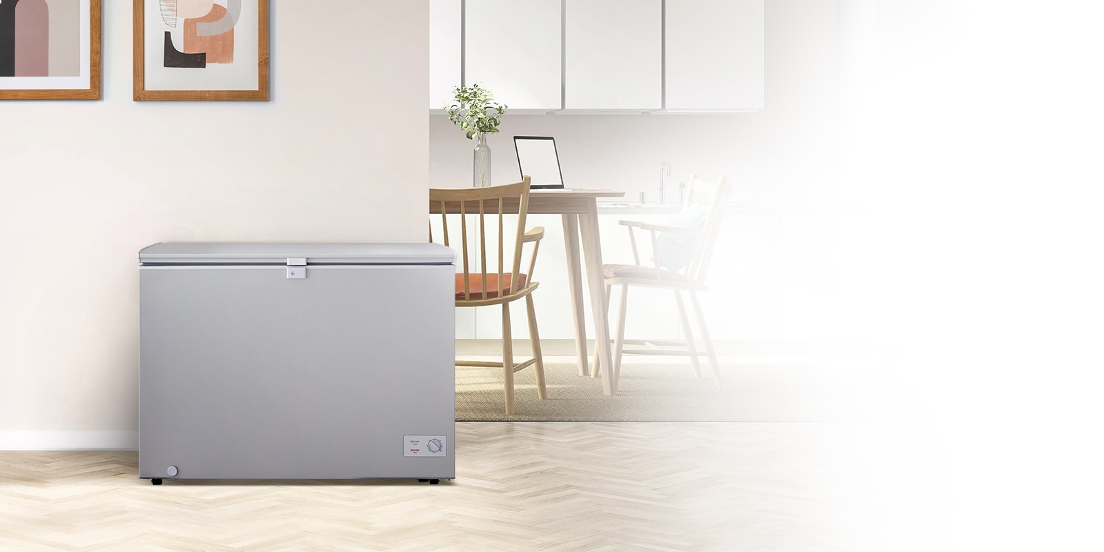 There is a refrigerator in the modern interior
