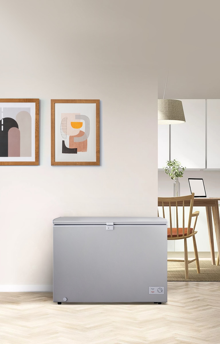 There is a refrigerator in the modern interior