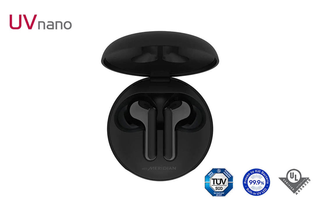 LG TONE Free HBS-FN6 Bluetooth? Wireless Stereo Earbuds with UVnano Charging Case and Meridian Audio, A top view of a cradle opened up and two earbuds inside it , HBS-FN6