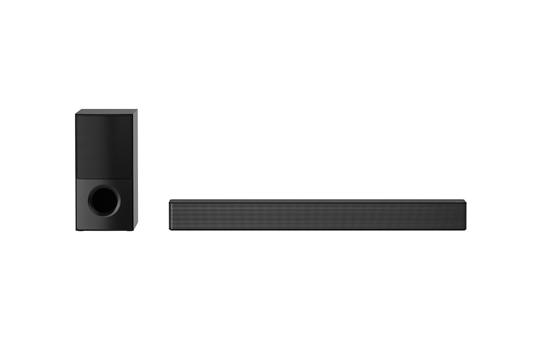 LG SNH5 4.1 Channel 600W High Power Sound Bar with DTS Virtual:X and AI Sound Pro, front view with sub woofer and rear up-firing speaker, SNH5