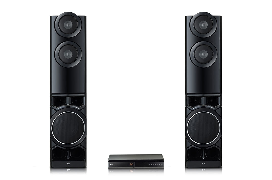 LG 1250W 4.2CH HOME THEATER SYSTEM, DUAL SUBWOOFER, AUX IN, front view two tower speakers with DVD Player, LHD687BG