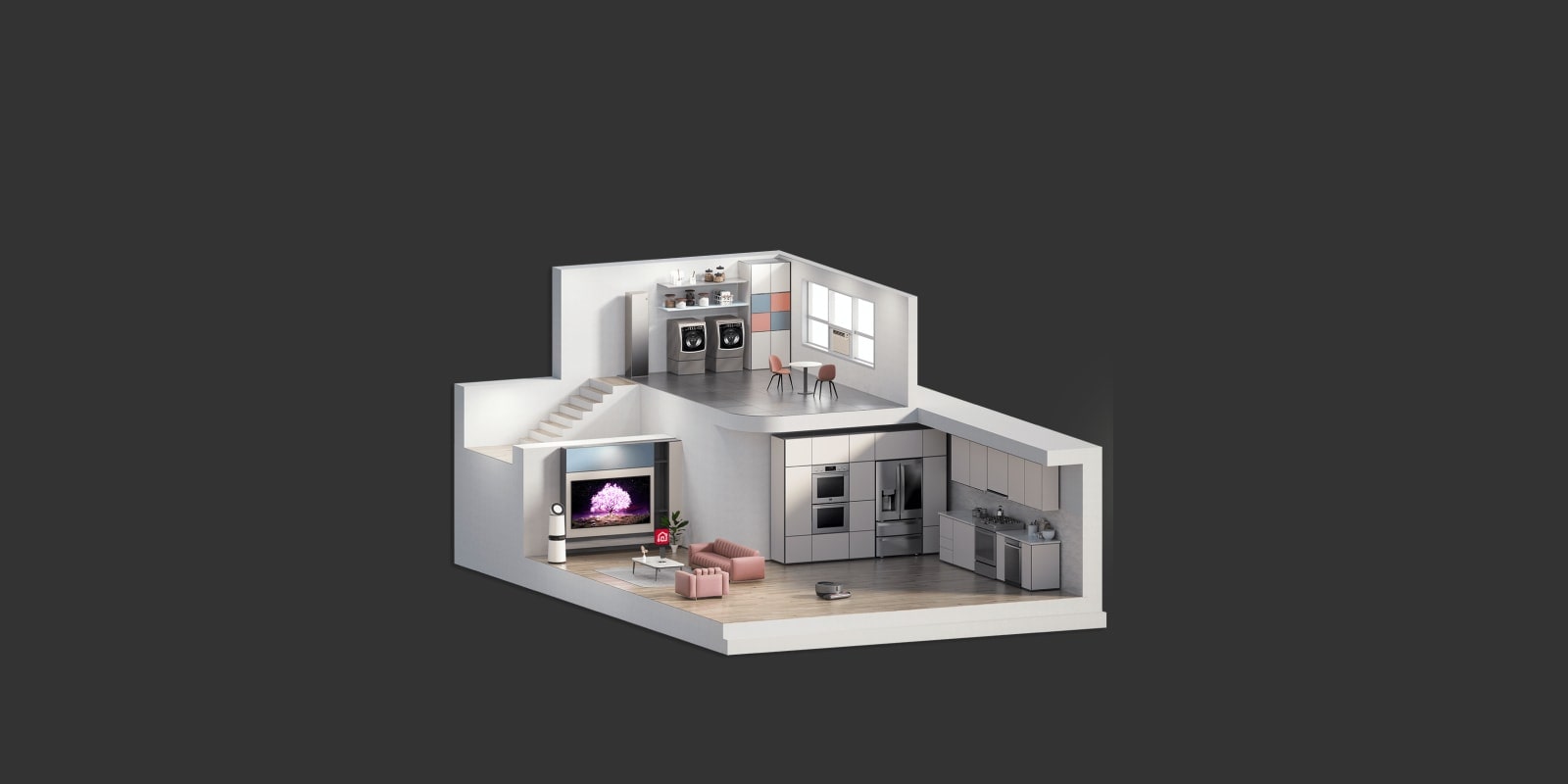 Image shows a cross-section of a model house and the different rooms within it.