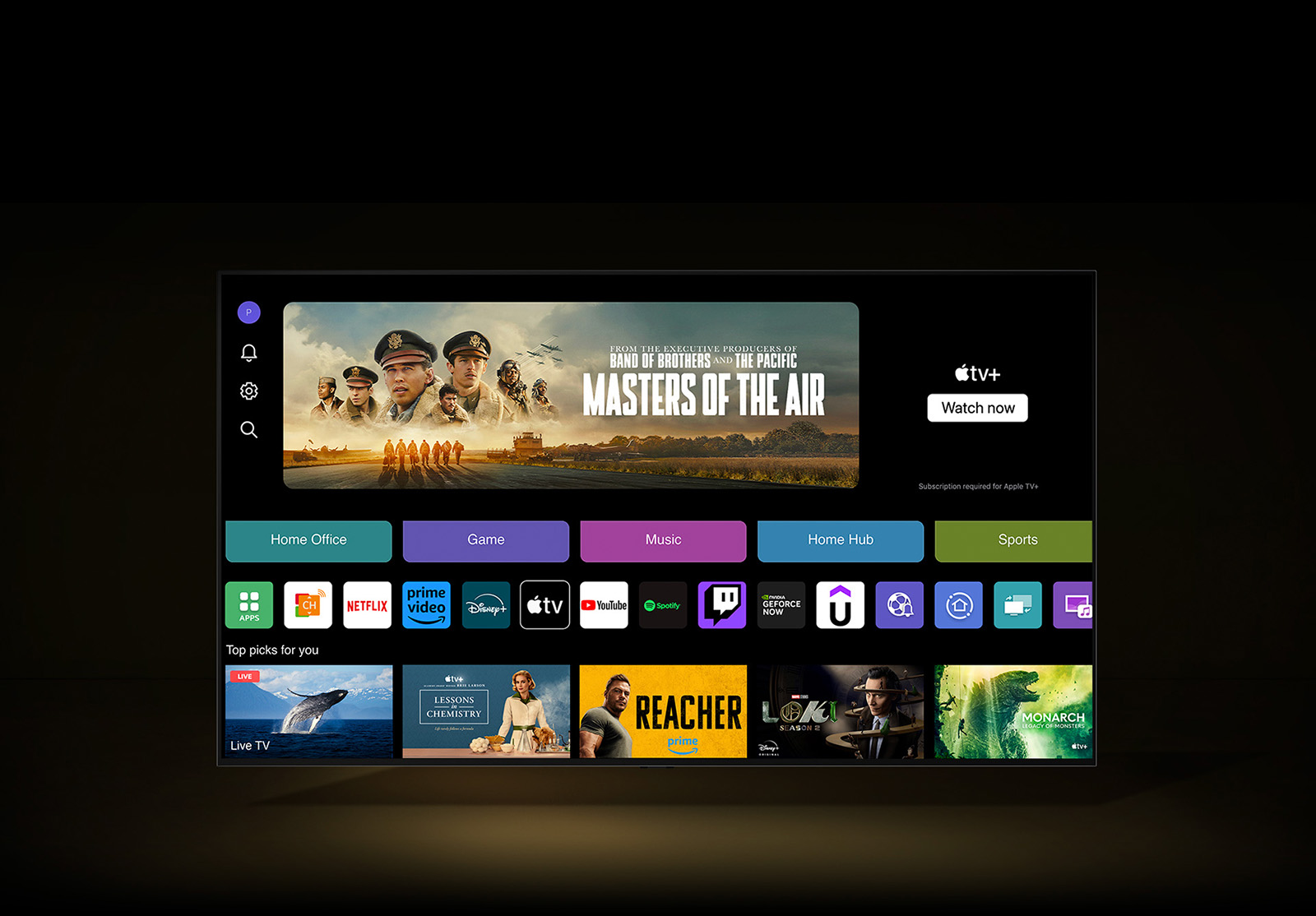 L’écran d’accueil de streaming montre toutes les applications, catégories et contenus recommandés.