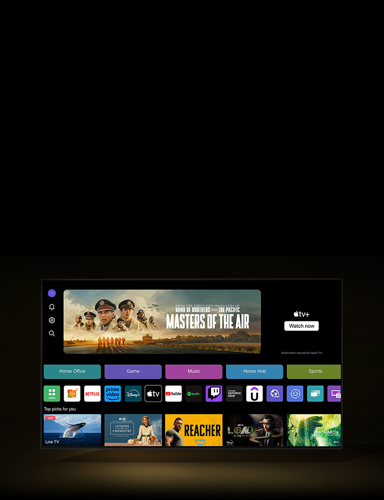 L’écran d’accueil de streaming montre toutes les applications, catégories et contenus recommandés.