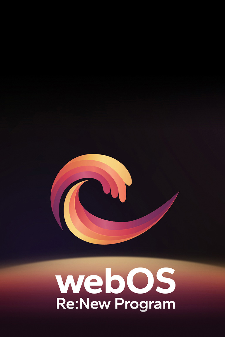 Le logo webOS flotte au centre sur un fond noir, et l’espace en dessous est éclairé aux couleurs rouge, orange et jaune du logo. On peut lire ? webOS Re:New Program ? sous le logo.