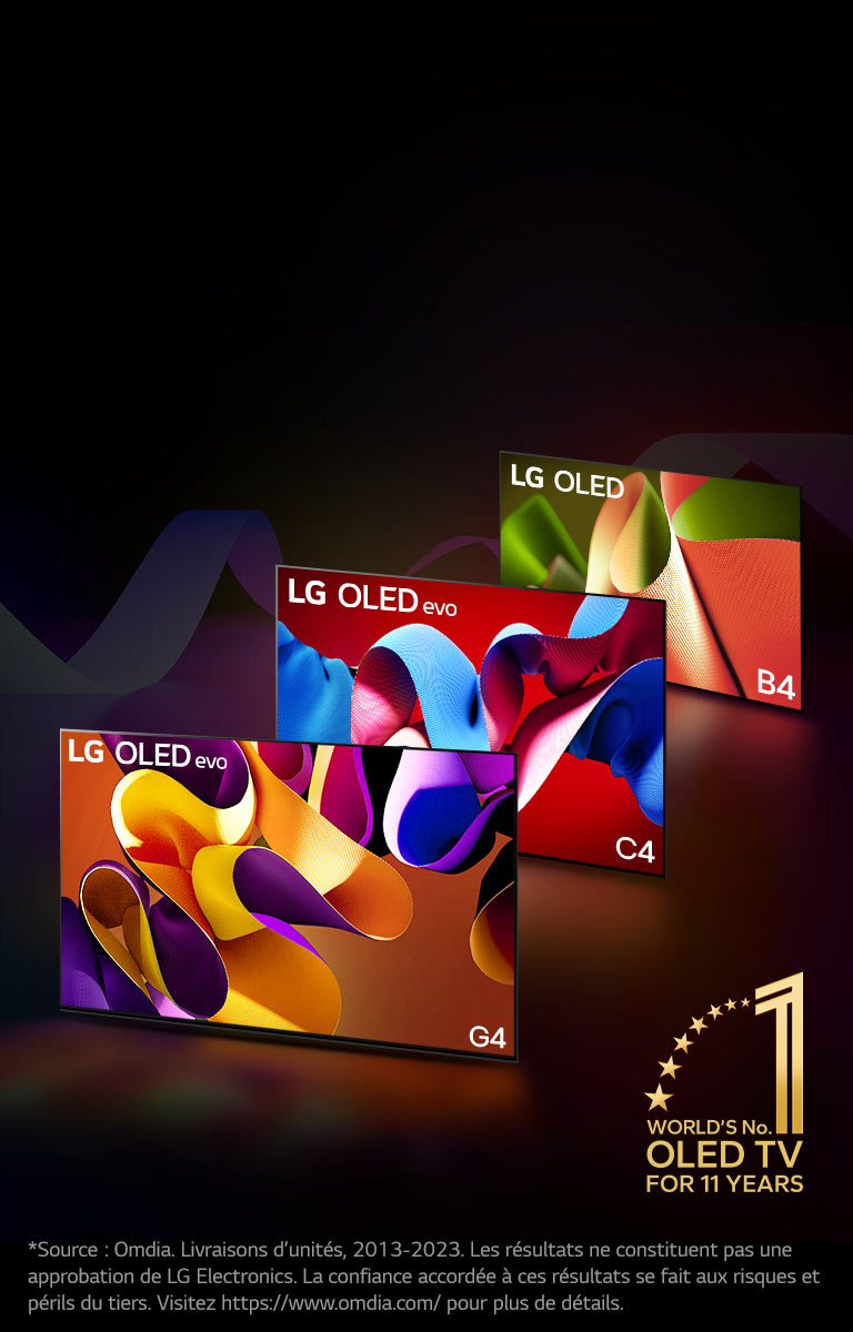 LG OLED evo TV C4, evo G4, et B4 en ligne sur un fond noir avec de subtils tourbillons de couleurs. L’emblème ? TV OLED numéro 1 au monde depuis 11 ans ? figure sur l’image.  Un avis de non-responsabilité est affiché : "Source : Omdia. Expéditions d’unités, 2013 à 2023. Les résultats ne constituent pas une approbation de LG Electronics. La confiance accordée à ces résultats se fait aux risques et périls du tiers. Visitez https://www.omdia.com/ pour plus de détails".