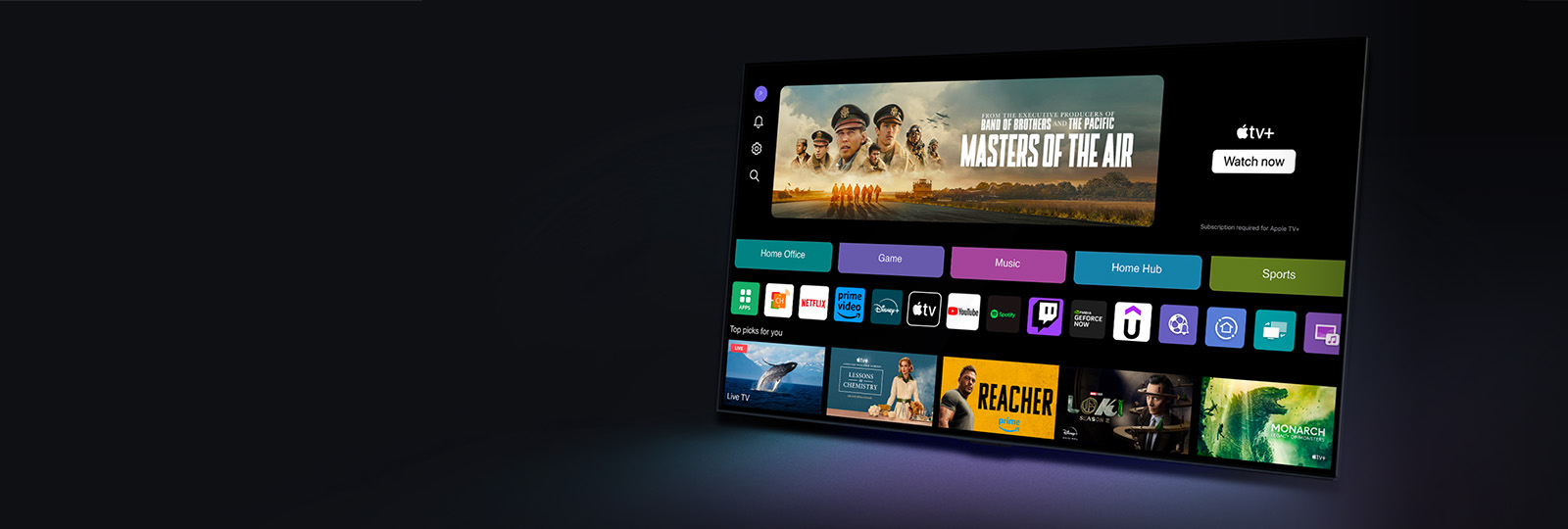 à droite de la bannière, on voit une LG TV avec un écran d’accueil webOS. L’écran d’accueil webOS avec Télétravail, Jeu, Musique, Home Hub et les Catégories sports. Le bas de l’écran montre des recommandations personnalisées sous ? Meilleures sélections pour vous. ?