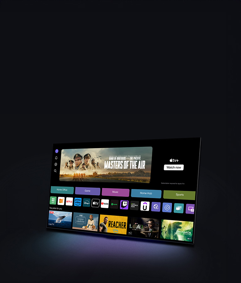 à droite de la bannière, on voit une LG TV avec un écran d’accueil webOS. L’écran d’accueil webOS avec Télétravail, Jeu, Musique, Home Hub et les Catégories sports. Le bas de l’écran montre des recommandations personnalisées sous ? Meilleures sélections pour vous. ?