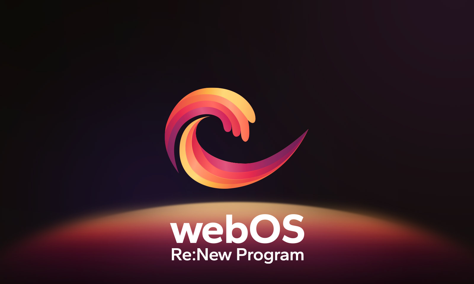 Le logo webOS flotte au centre sur un fond noir, et l’espace en dessous est éclairé aux couleurs rouge, orange et jaune du logo. On peut lire ? webOS Re:New Program ? sous le logo.