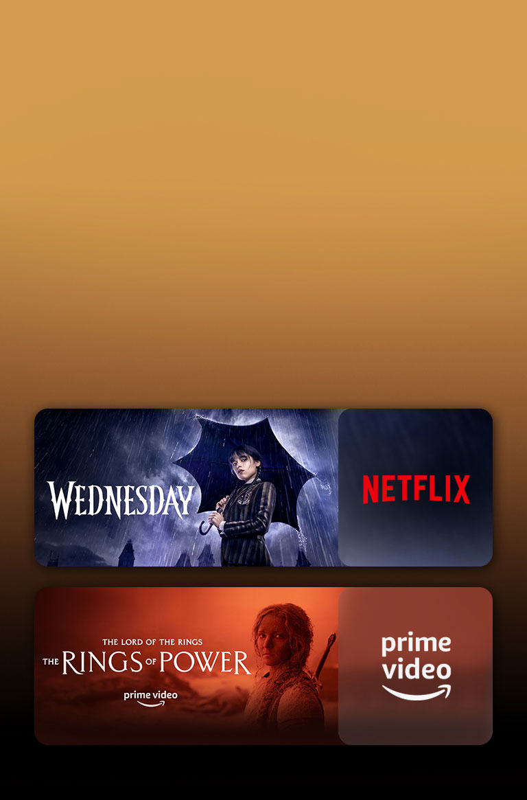 Les logos de plateformes de services de streaming et les séquences correspondantes se trouvent juste à c?té de chaque logo. On peut voir des images de Mercredi sur Netflix et du Seigneur des Anneaux : Les Anneaux de Pouvoir sur PRIME VIDEO.