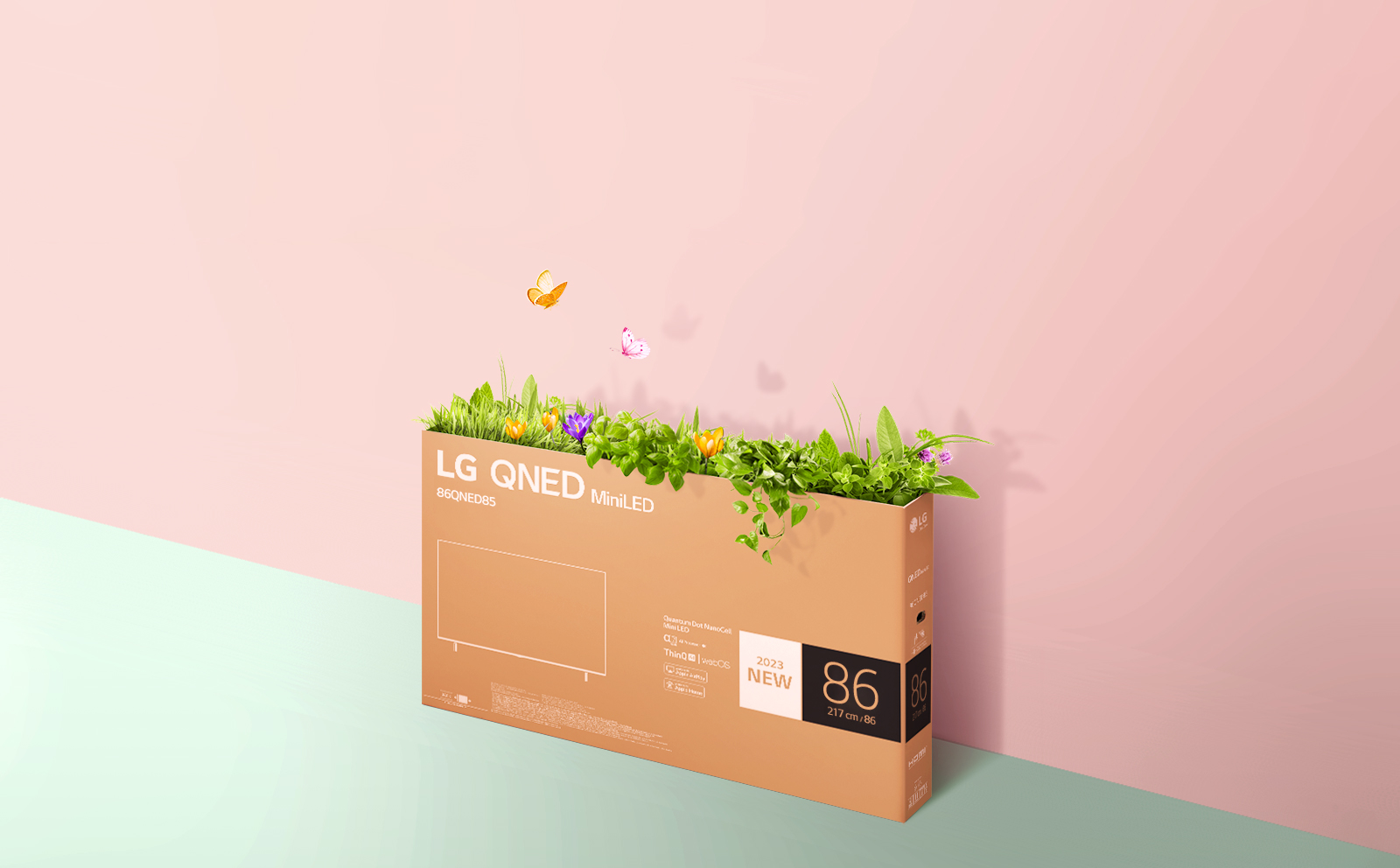 Une bo?te d’emballage QNED est placée sur un fond rose et vert, avec de l’herbe qui pousse et des papillons qui sortent de la bo?te. 