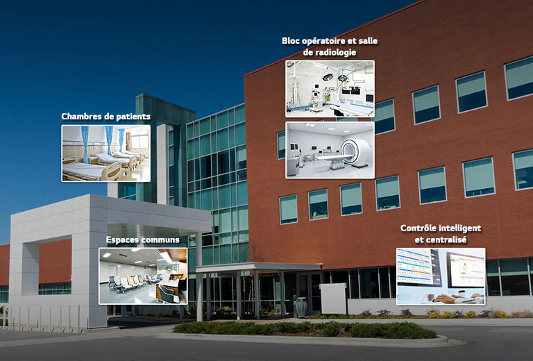 Image d’un h?pital présentant les miniatures d’une chambre de patient, d’un espace commun, d’un bloc opératoire, d’une salle de radiologie et d’un centre de contr?le.