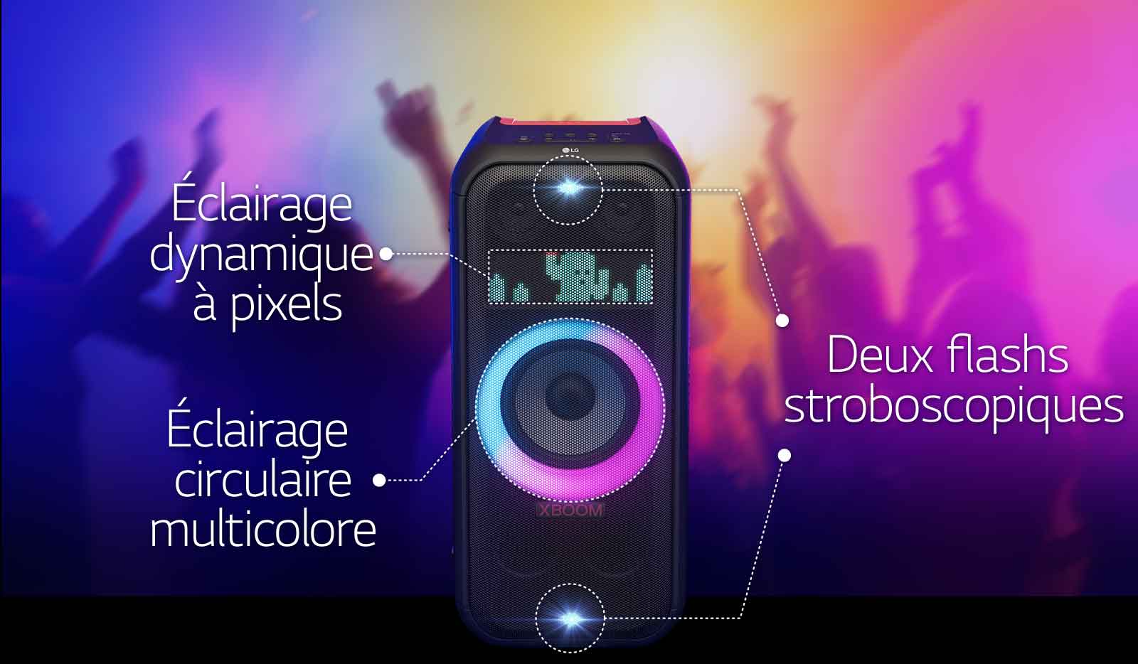 Vue de face du haut-parleur. Un ligne met en évidence chaque lumière différente. En haut et en bas, les deux lumières stroboscopiques. Au milieu, l’éclairage circulaire multicolore rose et cyan est allumé. Juste au dessus l’éclaire dynamique à pixels affiche un personnage cactus.