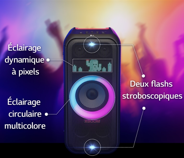 Vue de face du haut-parleur. Un ligne met en évidence chaque lumière différente. En haut et en bas, les deux lumières stroboscopiques. Au milieu, l’éclairage circulaire multicolore rose et cyan est allumé. Juste au dessus l’éclaire dynamique à pixels affiche un personnage cactus.