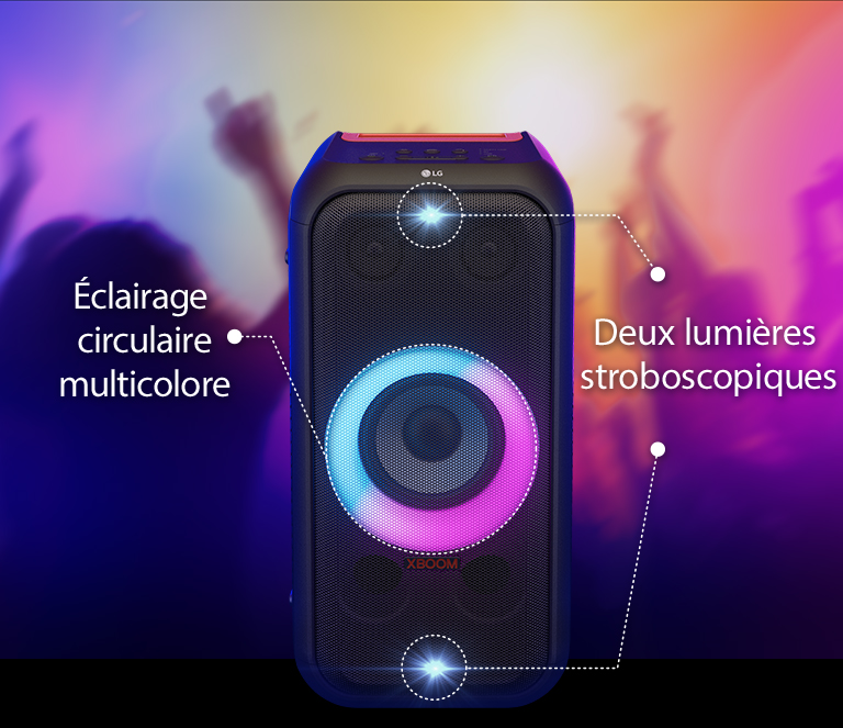 Vue de face du haut-parleur. Une ligne met en évidence chaque lumière différente. En haut et en bas, les deux lumières stroboscopiques. Au milieu, l’éclairage circulaire multicolore rose et cyan est allumé.