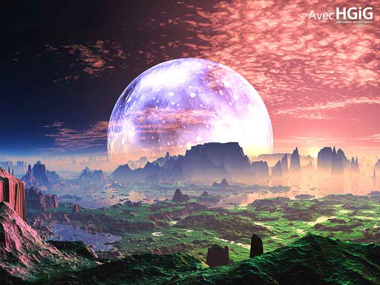 Une scène d’une aube sur une planète ressemblant à la Terre idyllique est divisée en deux parties - à gauche, l’image est plus terne et moins brillante et le texte indique Sans HGiG dans le coin supérieur gauche. à droite se trouve une scène plus lumineuse et le texte indique Avec HGiG dans le coin supérieur droit.