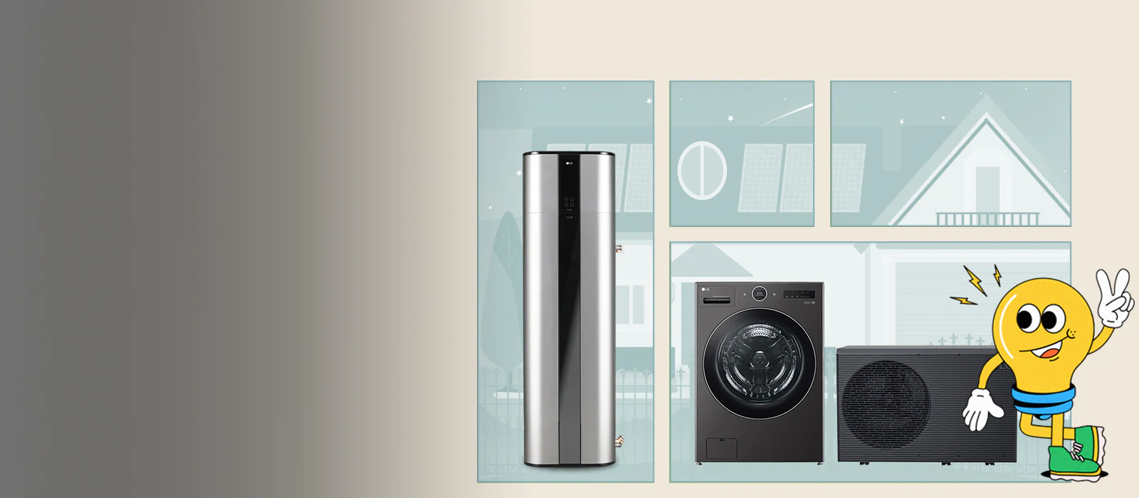 Pompe à chaleur pour chauffe-eau, lave-linge et système HVAC, accompagnée d'une mascotte en forme d'ampoule, promouvant les solutions d’électrification domestique.