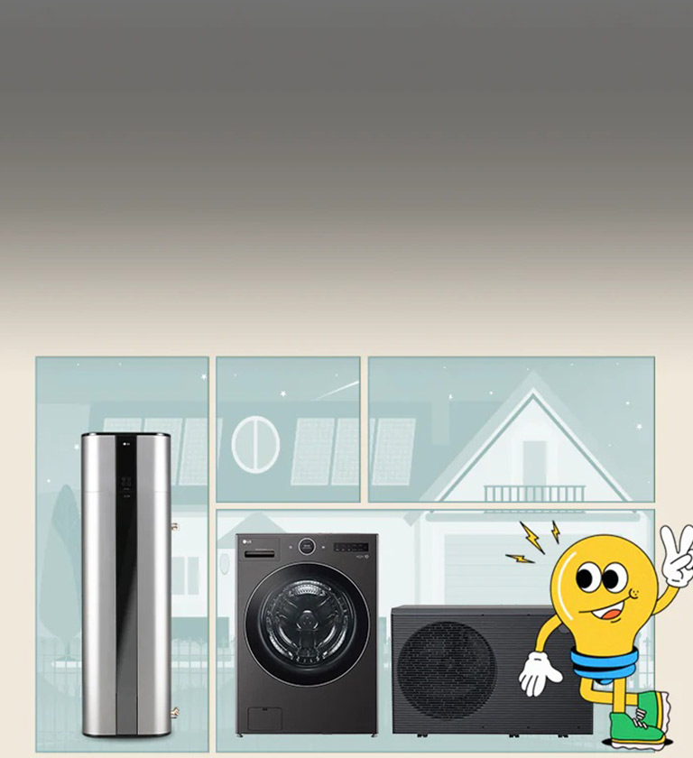 Pompe à chaleur pour chauffe-eau, lave-linge et système HVAC, accompagnée d'une mascotte en forme d'ampoule, promouvant les solutions d’électrification domestique.