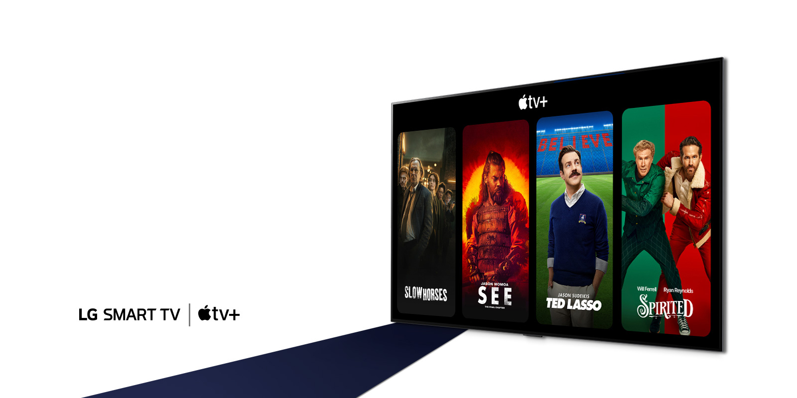 Une image du téléviseur OLED de LG. Le contenu d’Apple TV+ est affiché à l’écran et le titre est ? Profitez de 3 mois d’abonnement gratuit à Apple TV+ avec les Smart TV LG. ?