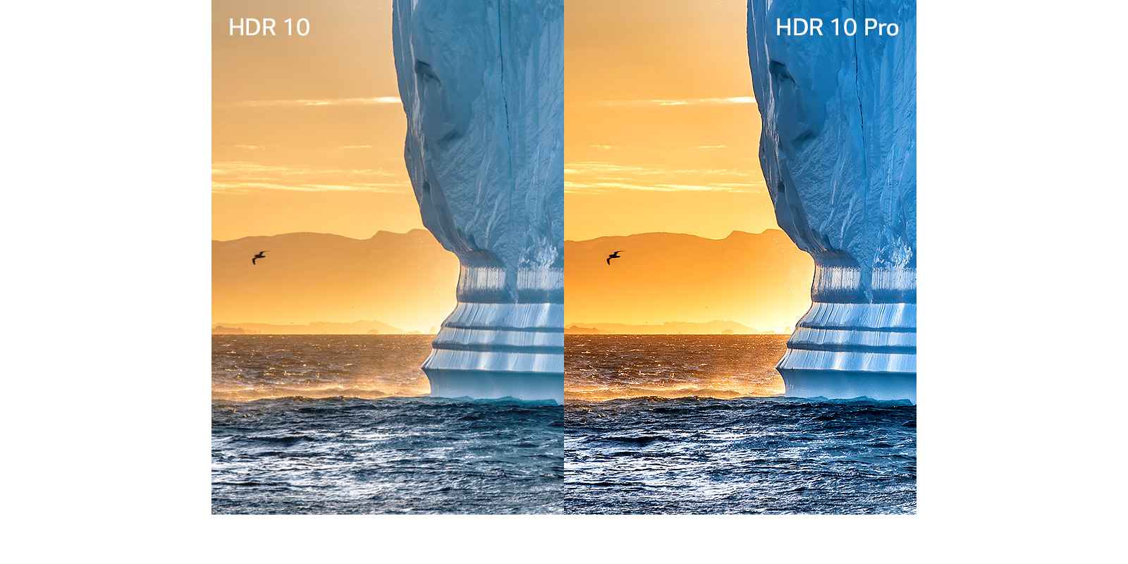 Une image de la mer, une mouette sur la gauche, et une falaise sur la droite avec le Texte HDR en haut à gauche est flou. Une image de la mer, une mouette sur la gauche, et une falaise sur la droite avec le Texte HDR 10 Pro en haut à droite, plus net et plus réaliste.