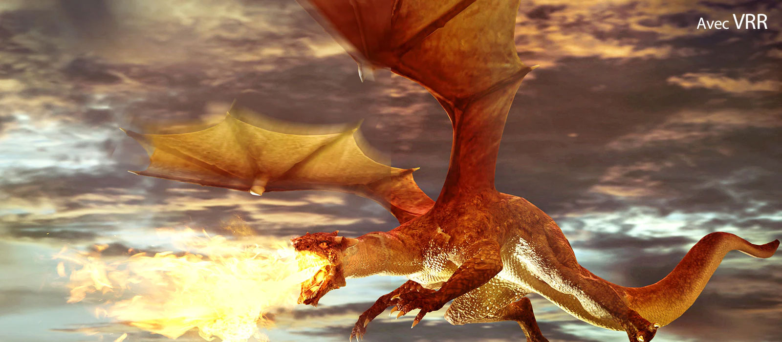 La moitié gauche de la scène, affichant une image floue, est un dragon rouge volant et crachant du feu avec le texte ? sans VRR ? en haut à gauche. La moitié droite de la scène, affichant une image nette, est un dragon rouge volant et crachant du feu avec le texte ? avec VRR ? en haut à gauche.