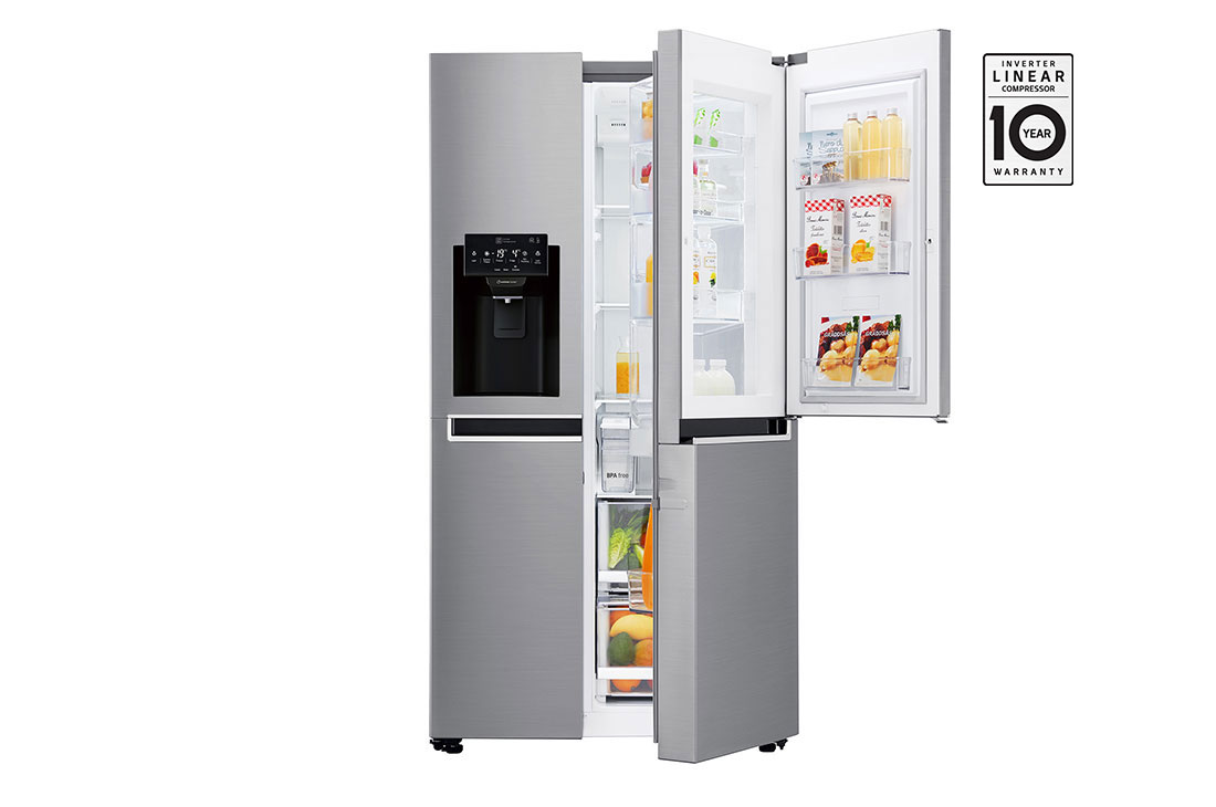 LG Réfrigérateur américain de 668 litres, couleur argent, compresseur linéaire à onduleur, fonction Door in Door?, Hygiene Fresh +, Fin, Distributeur d’eau et de gla?ons, GC-J247SLLV