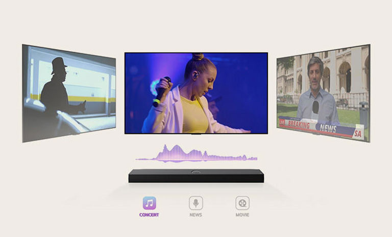 Une LG Soundbar surmontée de trois écrans TV différents. Le premier positionné directement au-dessus affiche un concert de musique avec une chanteuse. Le téléviseur sur la droite montre un présentateur de JT en train de filmer une édition spéciale à l’extérieur d’un joli batiment. Le téléviseur sur la gauche montre une image fixe d’un film d’action, avec un homme dans l’ombre. Entre le téléviseur et la Sound Bar, on voit un diagramme violet d’une onde sonore.