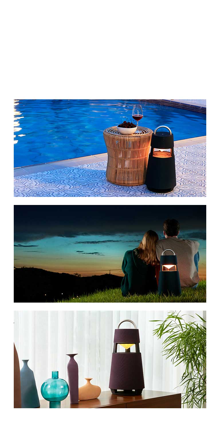 Image de la XBOOM 360 debout émettant des lumières jaunes au bord d’une piscine extérieure. Image de la XBOOM 360 posée debout derrière une femme et un homme regardant le ciel nocturne au coucher du soleil. Image de la XBOOM 360 debout émettant des lumières jaunes sur le c?té gauche arrière d’une femme qui s’amuse à la fête.