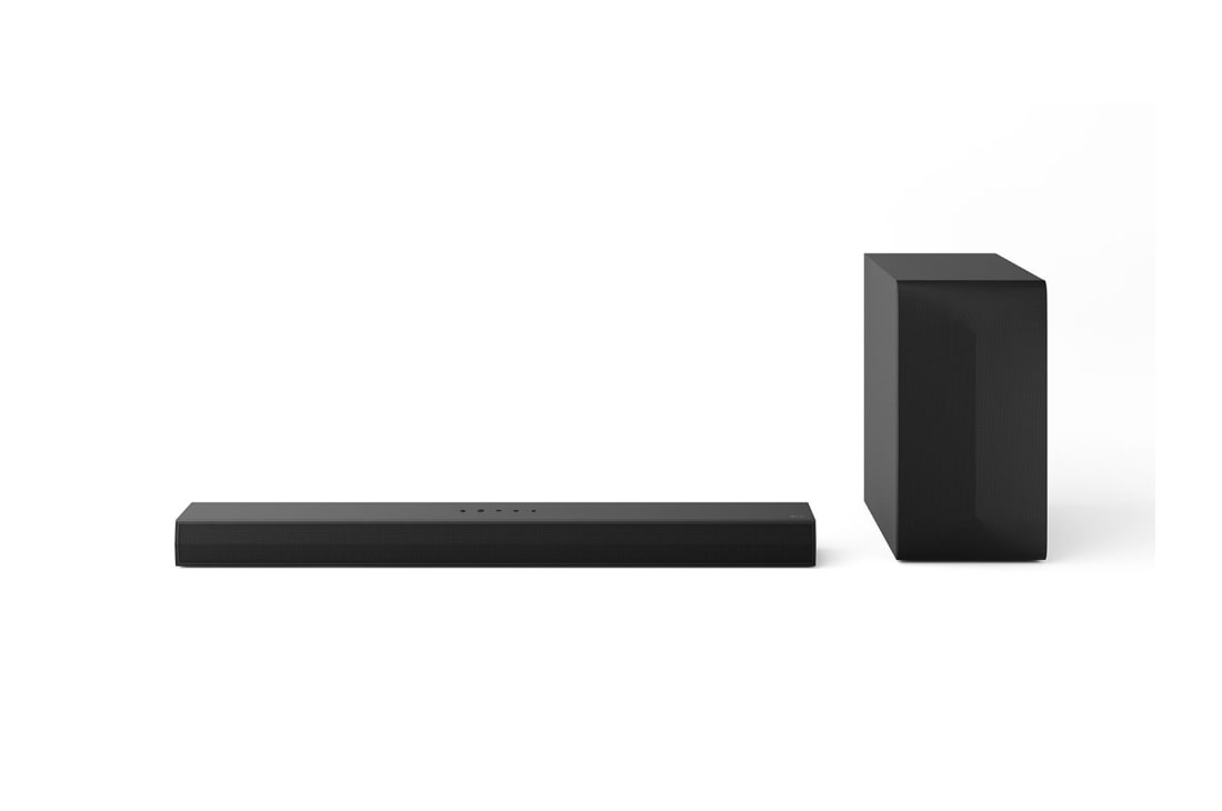 LG Barre de son pour téléviseur avec Dolby Audio 3.1 Ch, S60T, Vue avant de la LG Soundbar S60T et du caisson de basse, S60T